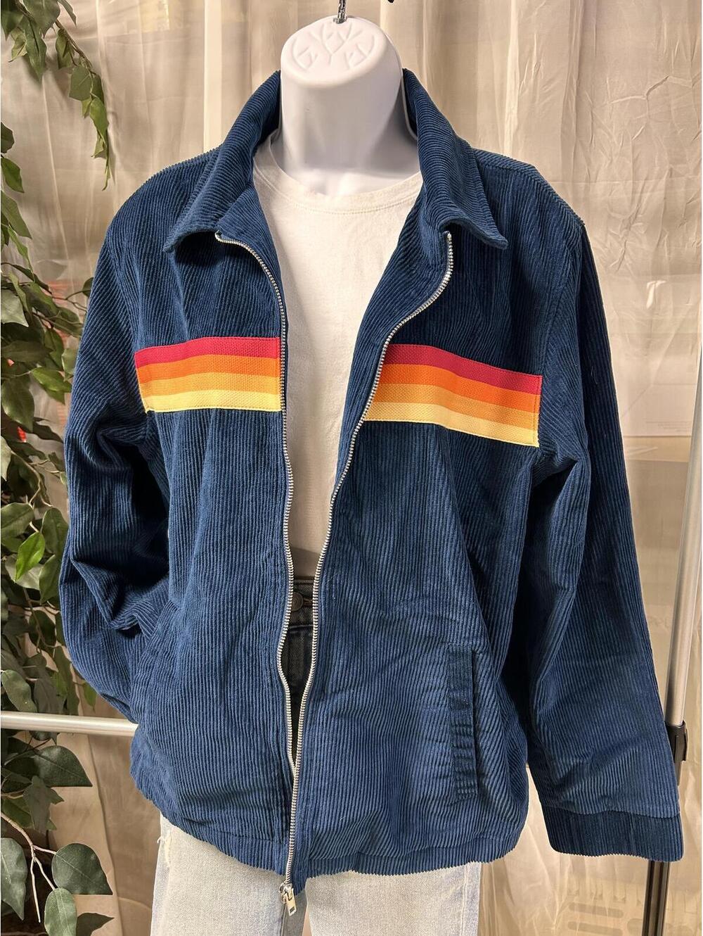 Dropout Warren James Blue Corduroy Zip Jacket Retro Rainbow Stripe Size M